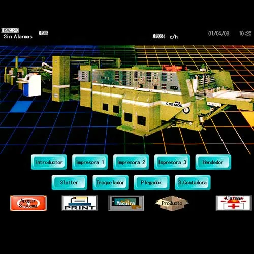 Pantalla SCADA con la sinóptica de una línea de producción y sus estaciones de trabajo